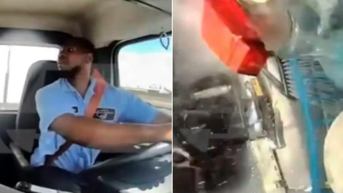 美國有名卡車司機在行駛時被突然出現的飛機撞上。（圖／翻攝自X@CollinRugg）