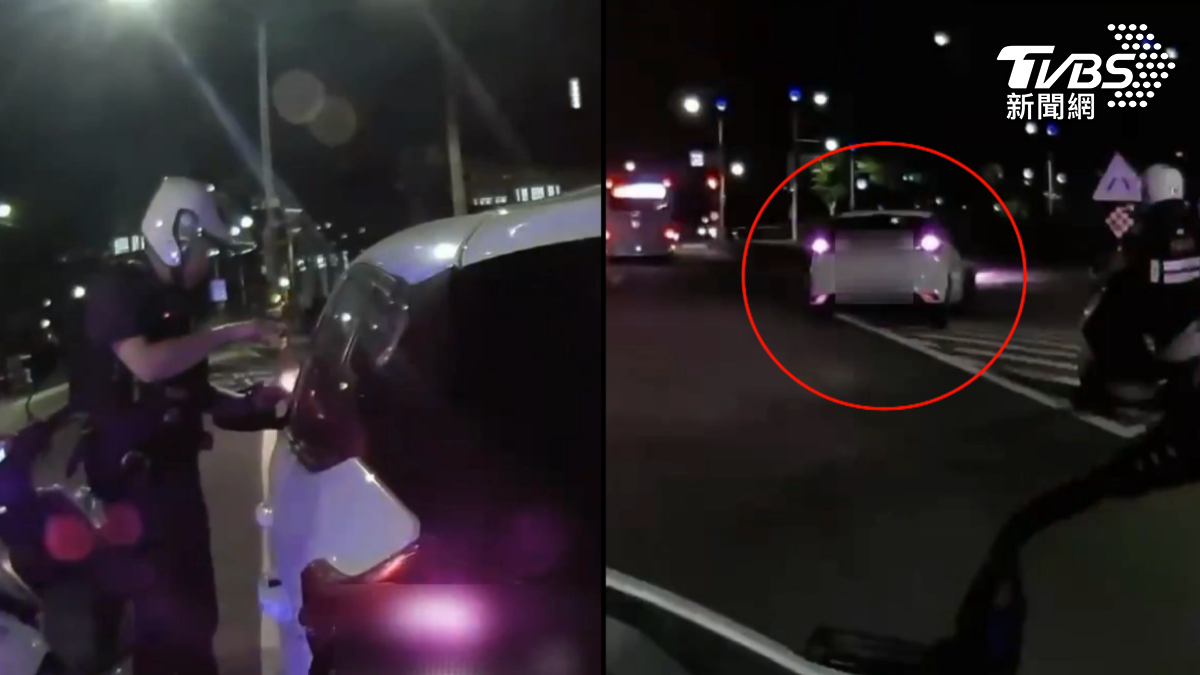 員警依警察職權行使法要求其下車接受盤查,男子突然發動車輛企圖衝撞警用機車後加速逃逸。(圖/TVBS)