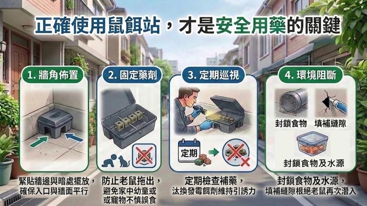 環境部製作圖表,教導民眾如何正確使用鼠餌站。(圖/環境部提供)