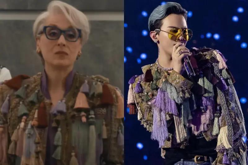 梅莉·史翠普身穿的流蘇外套,與G-Dragon在演唱會中所穿的款式為同款。(圖/翻攝自@二十世紀影業 FB、@fanplusonedotcom IG)