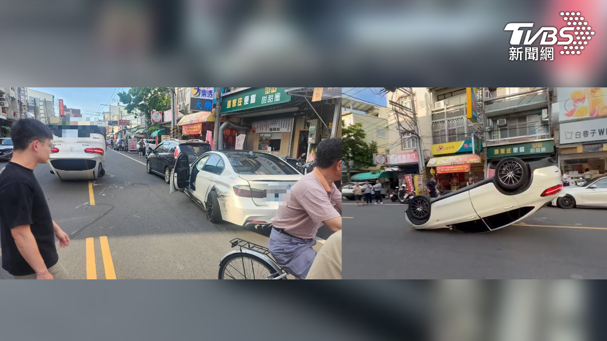 嘉義縣大林鎮6日下午發生一起驚險車禍,一輛白色自小客車行經中正路時,疑似未注意前方路況,撞上路邊臨停車輛後整車翻覆,嚇壞周遭民眾(圖/民眾提供)