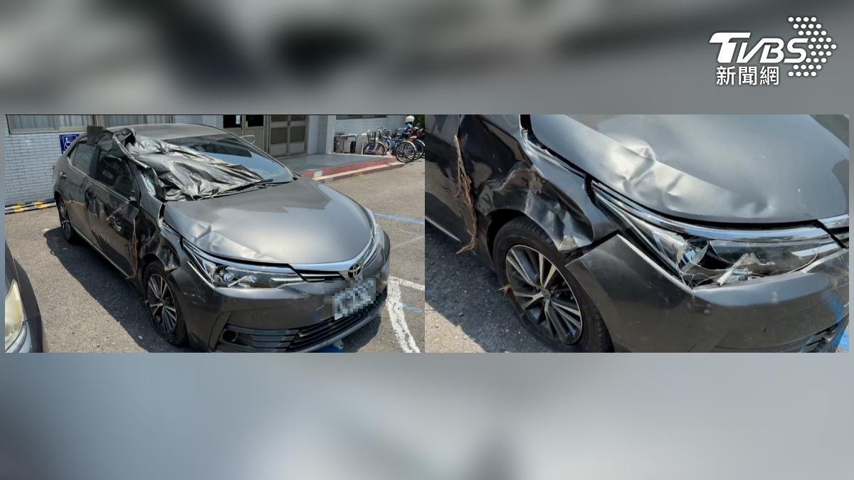 自小客車撞擊過後,車頭的擋風玻璃已經碎了將近一大半,車身右側也撞到連電線都外露,可見當時撞擊力道之大(圖/TVBS)