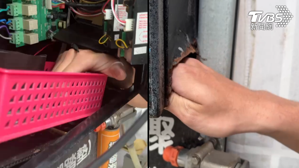 自助洗車業者顏業冠表示,從畫面可以明顯看出嫌犯是拿工具撬開投幣機並加以破壞,破壞後手就可以伸進去拿錢。(圖/TVBS)