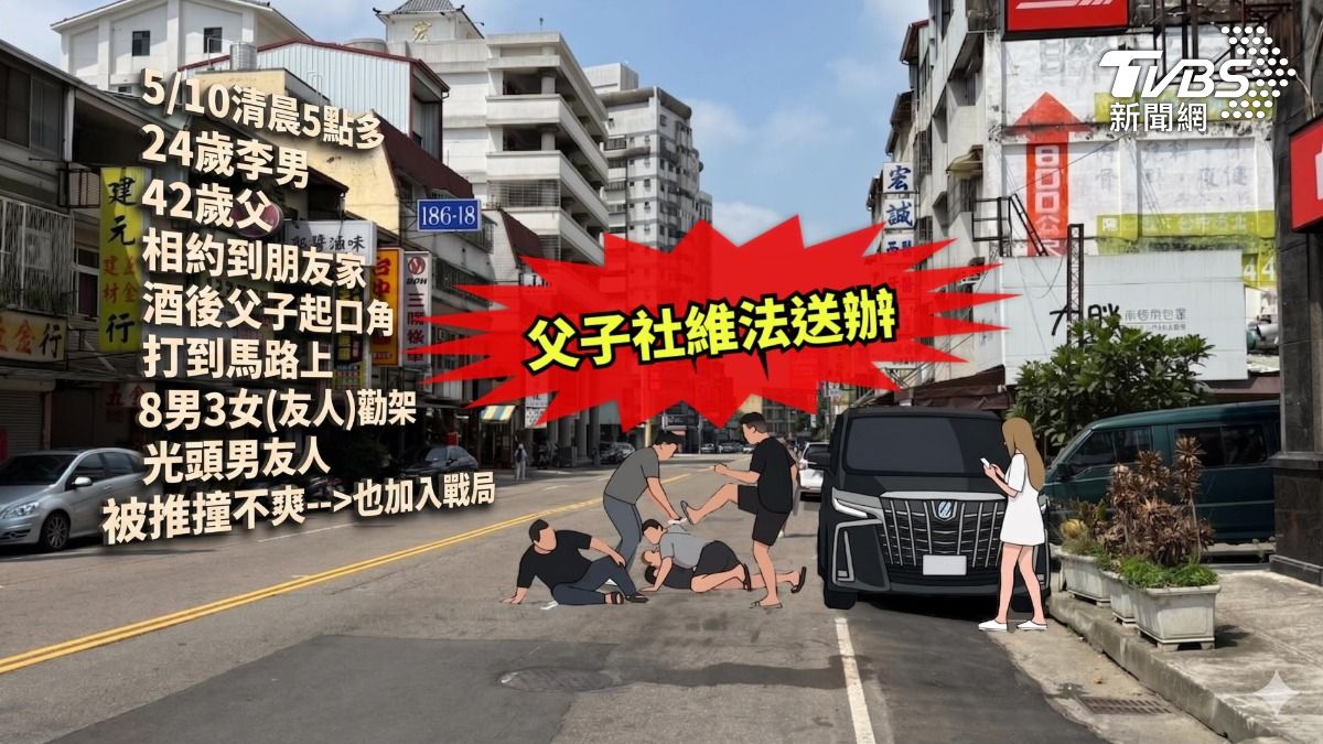 「我是你爸」沒用照打！父子互毆　光頭男勸架被推倒氣參戰。(圖／TVBS)