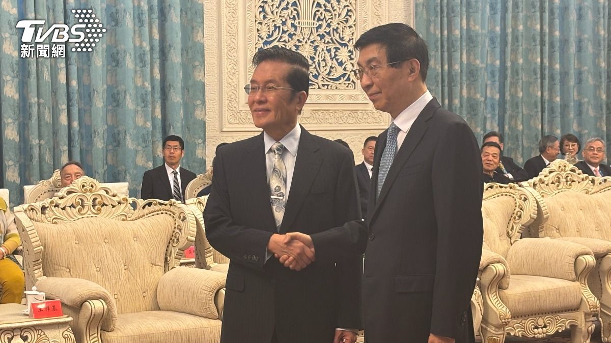 大陸全國政協主席王滬寧與國民黨副主席張榮恭握手。(圖/TVBS)