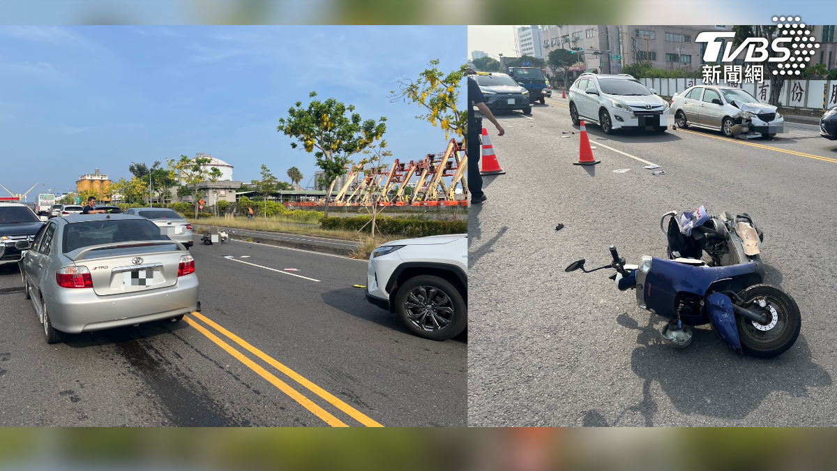 高雄市前鎮區13日上午發生死亡車禍,55歲羅姓女騎士疑似搶快,號誌即將轉紅時強行通過路口,與綠燈起步直行的轎車發生猛烈碰撞,騎士重傷不治。(圖/TVBS)