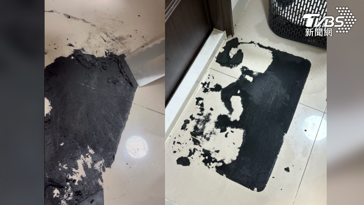 民眾兩年前網購便宜的珪藻土軟地墊,近日掀開後驚見底部橡膠竟融化成黑泥黏附在磁磚地板,拿菜刀用力刮除難以清乾淨(圖/翻攝 threads@molly_tjuku)