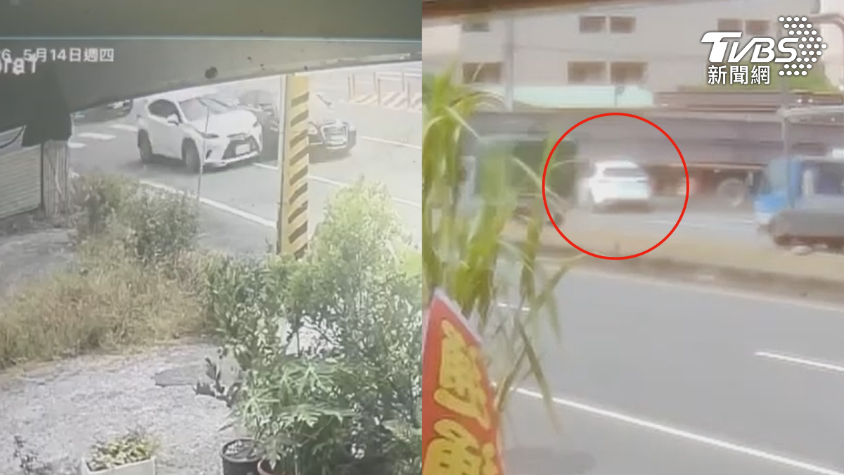 曾姓男子駕駛白色自小客，他先是跟同向的黑色名車發生擦撞後，又往前高速撞上了正在倒車的曳引車，一度沒有了生命跡象（圖／TVBS）