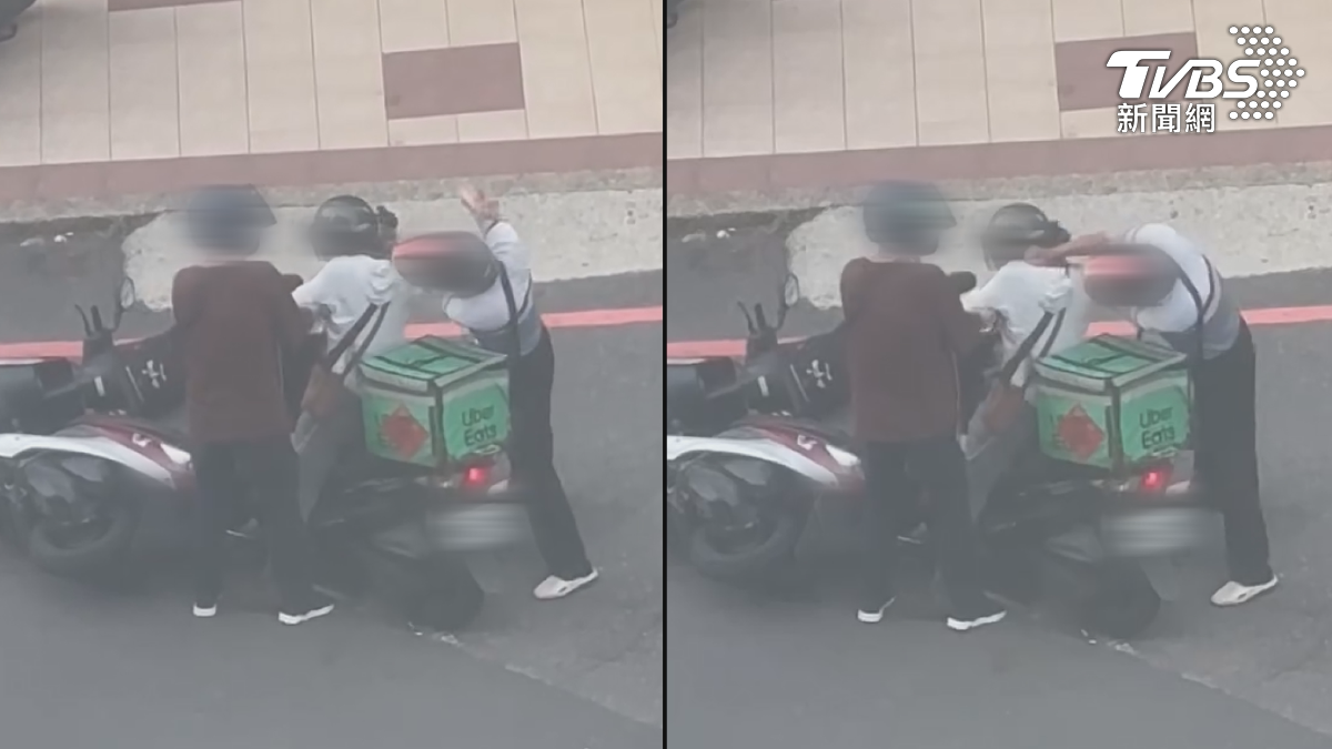 台南東區一名外送員騎車要左轉，差點跟直行的機車發生擦撞，直行的阿伯險被撞還被嗆，氣到把人攔下來，徒手狂揍、用安全帽K外送員（圖／翻攝臉書＠台南大小事）