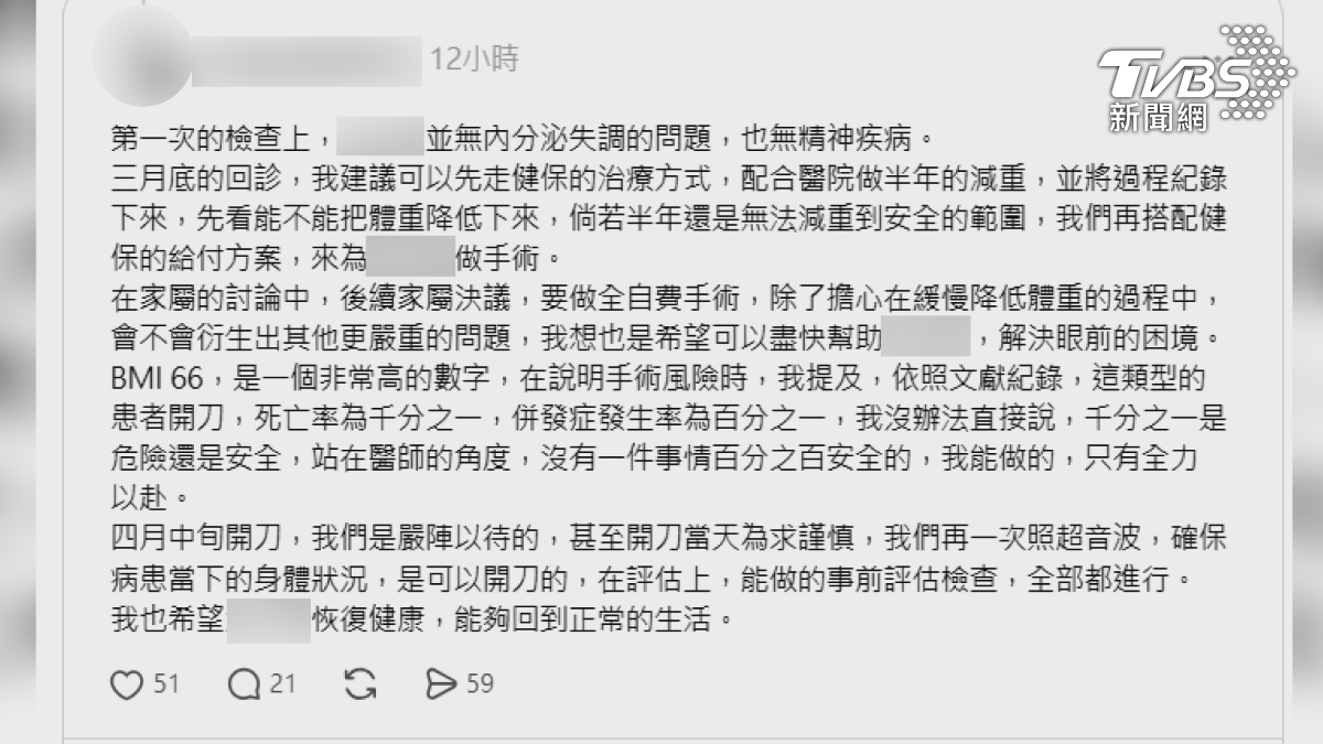宋天洲醫師強調,術前有和家屬告知手術死亡率,以及動刀風險較高(圖/翻攝Threads)