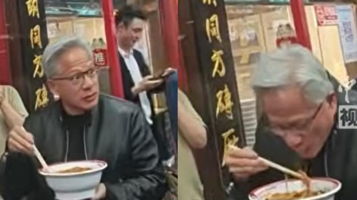 北京好熱!黃仁勳仍穿皮衣站吃炸醬麵 喝豆汁大皺眉:這什麼東西?