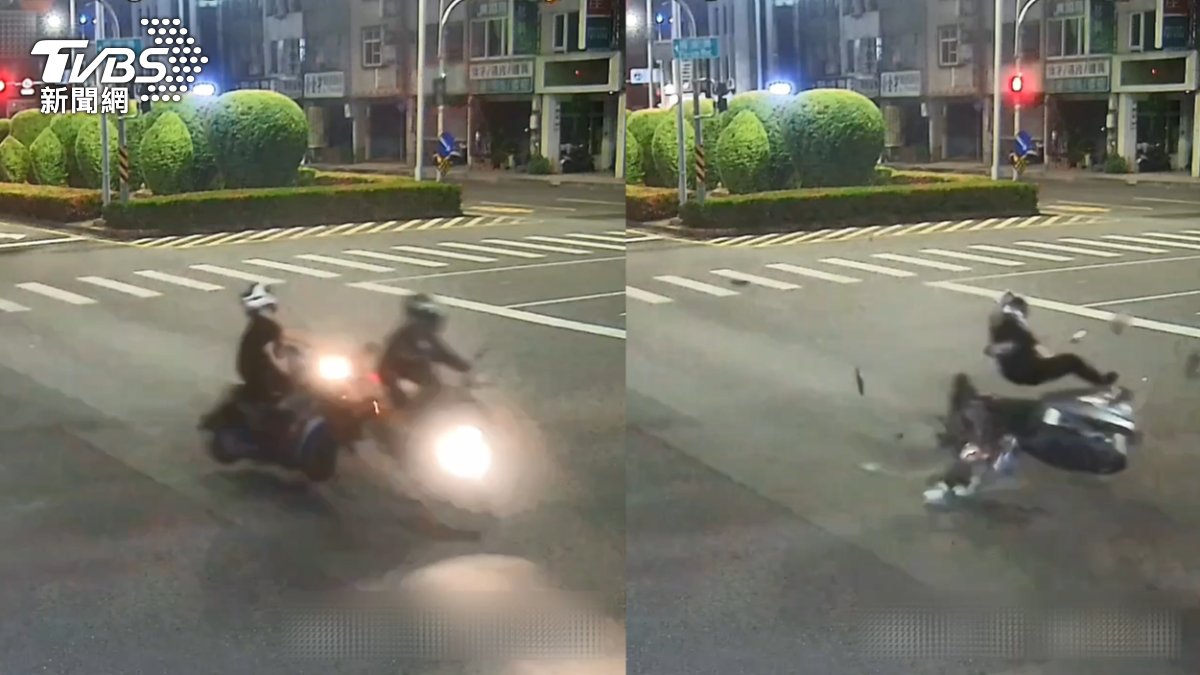 高雄苓雅區17日凌晨發生兩部機車對撞事故,雙方閃黃燈沒減速、閃紅燈沒停讓!高雄2機車對撞噴飛50公尺(圖/TVBS)