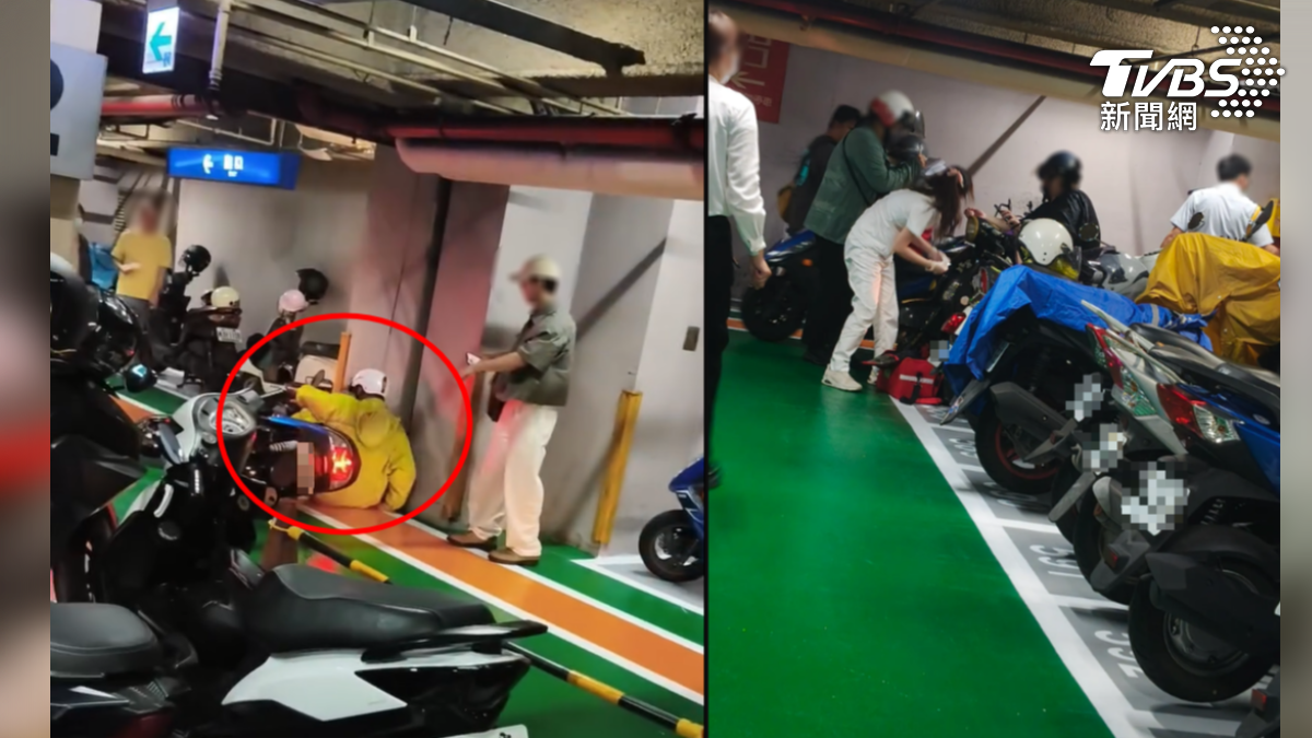 高雄前鎮區一間大型購物中心地下停車場,上週起進行機車道止滑改善工程,不料週六傍晚遭逢大雨,多名騎士行經新鋪設的標線時打滑摔車(圖/翻攝 threads@fish.1215)