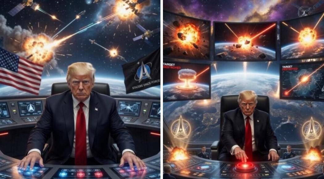 川普坐鎮太空設施,指揮「星際大戰」。(圖/翻攝 Truth Social @realDonaldTrump)