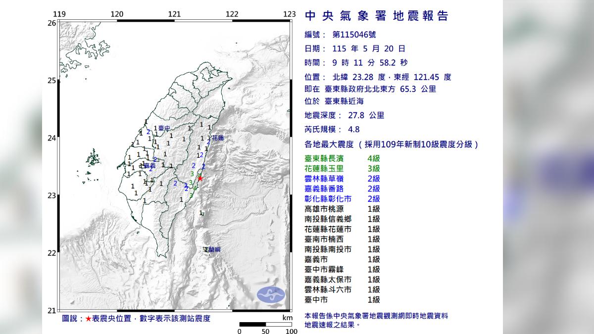 上午9時11分台東縣近海發生芮氏規模4.8地震。（圖／翻攝自氣象署）