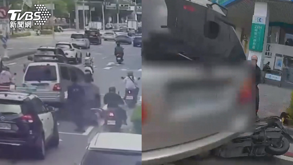 61歲薛姓男子駕駛銀色廂型車,紅燈突滑行撞騎士,警破窗見他癱軟說不出話,過程中還衝撞警車(圖/翻攝 threads@xiaowen740401)