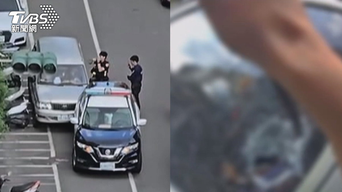 肇事現場警方不斷喊話,駕駛卻毫無反應,甚至再度往前衝撞警車。員警見狀掏出警棍破窗。(圖/翻攝 threads@xiaowen740401)