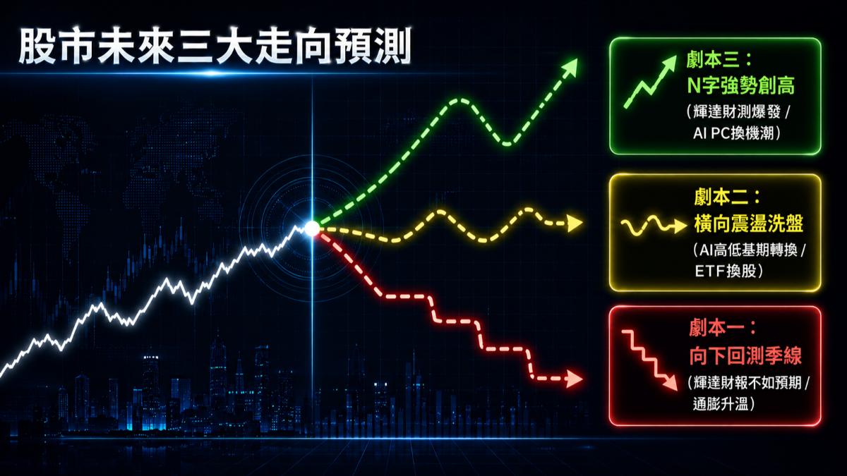 台股失守月線，市場進入嚴格的實績檢驗期。未來一個月的走向，將高度取決於五月下旬的輝達（NVIDIA）財報指引、六月初 COMPUTEX 大展的終端應用落地狀況，以及美國聯準會對通膨數據的解讀。（圖／TVBS）