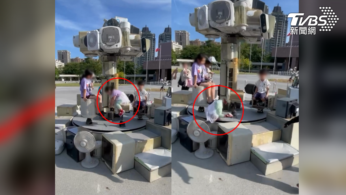 台電第三屆公共藝術祭首度移師高雄美術館，其中廢家電遊樂園傳意外！女童坐旋轉木馬「把手鬆脫」摔落大哭（圖／翻攝 threads@8er_subaru_yasu）