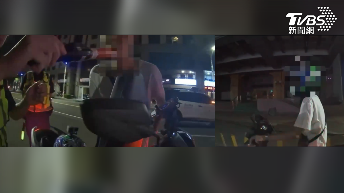 騎士表示自己沒有喝酒,質疑為何需要接受酒測,員警則告知若不配合將視同拒測(開罰18萬元),雙方僵持至少5分多鐘後,騎士才終於脫下安全帽配合酒測。(圖/TVBS)