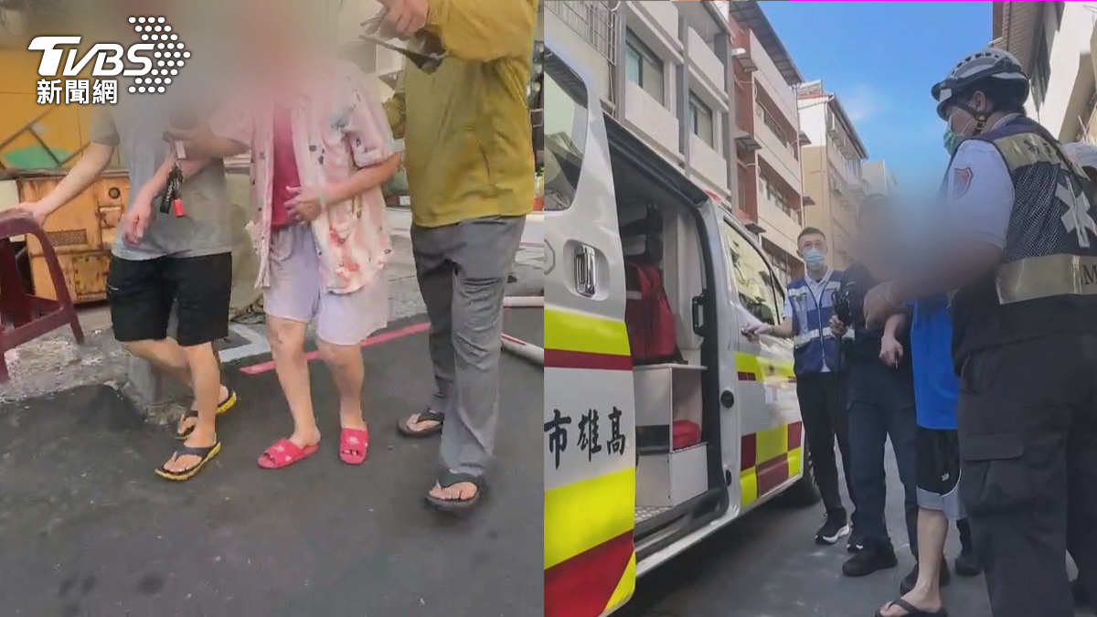 警消抵達現場滅火陸續將屋內人員救出,包括80多歲母親、57歲弟弟(左圖),以及年約60歲的哥哥(右圖),當下被送醫觀察。(圖/TVBS)