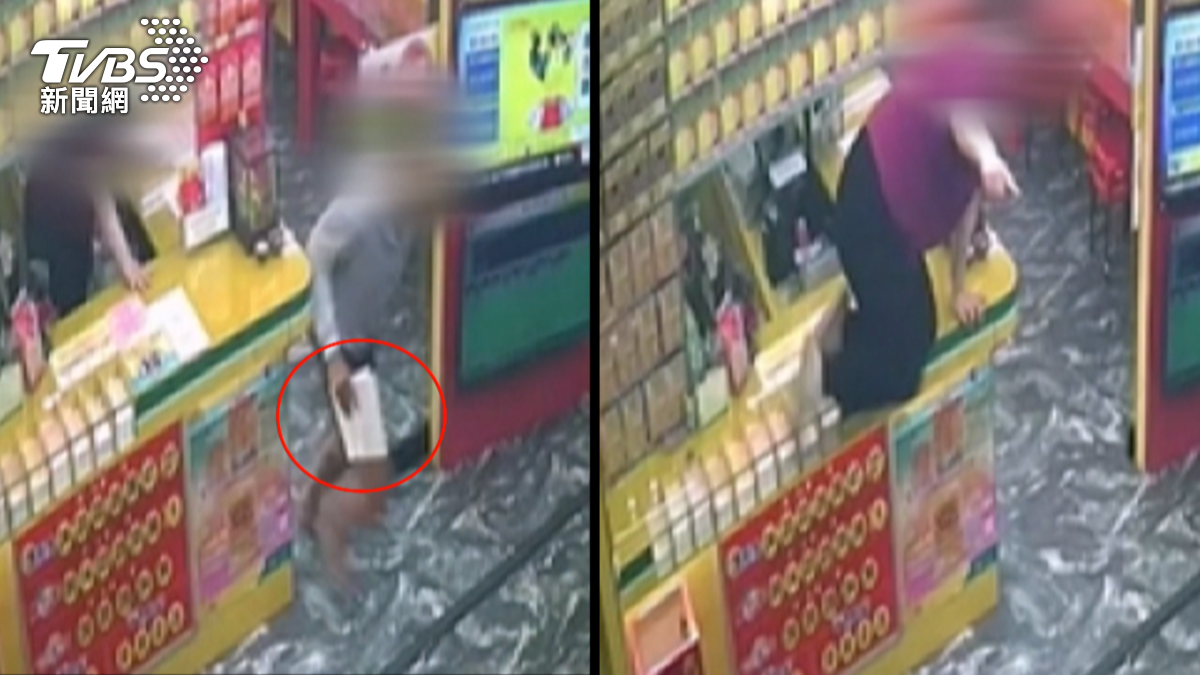 高雄大寮一名少年趁店員不備,伸手搶走兩本刮刮樂後企圖逃逸,女店員爬上櫃台追出呼救。(圖/TVBS)