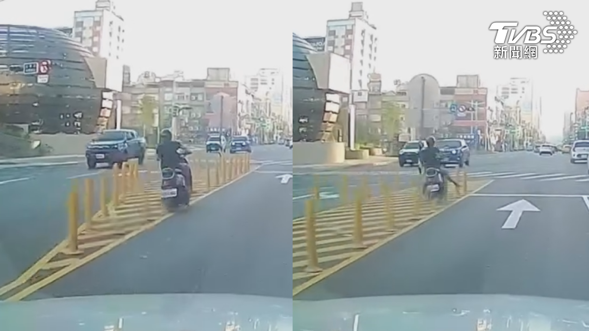 高雄一名女騎士,近期在下班尖峰時段,騎車行經高雄火車站前,機車卻突然一路連掃了整排防撞桿,離奇畫面讓後方駕駛全看傻(圖/翻攝Threads@iris__0317)