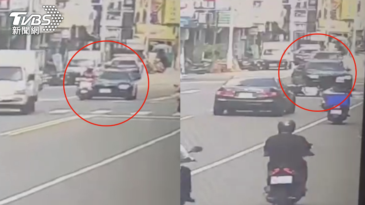 棕衣男駕駛黑色進口轎車到了路口，追撞等待轉彎的機車，騎士重摔在地，一度無法起身，汽車駕駛下車指責騎士（圖／TVBS）