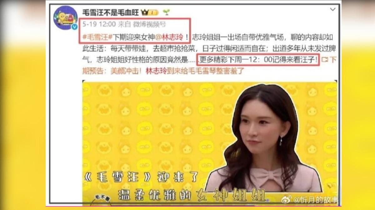 林志玲參加陸綜《毛雪汪》,集數臨時被撤換成譚松韻與董晴。(圖/翻攝自微博)