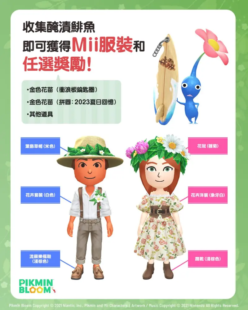皮克敏醃漬鯡魚獎勵-Mii服裝-衝浪板鑰匙圈-拼圖2023夏日回憶-仲夏節服裝