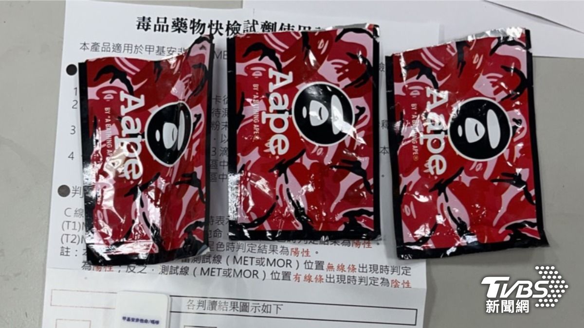 警方於蔡男身上起獲毒品咖啡包殘渣袋,並對其唾液快篩竟呈現「4種毒品陽性反應」。(圖/TVBS)