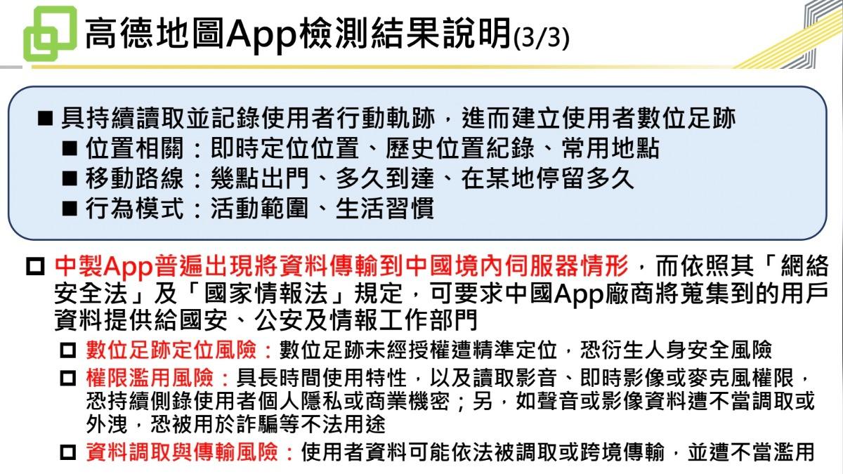 高德地圖APP有讀取使用者行動軌跡的資安風險。（圖／數發部提供）