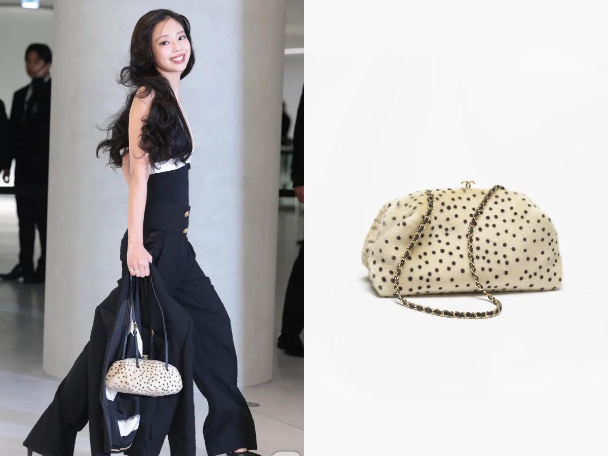 Jennie手上的點點包包,同樣成為秀場焦點。(圖/News1、CHANEL)