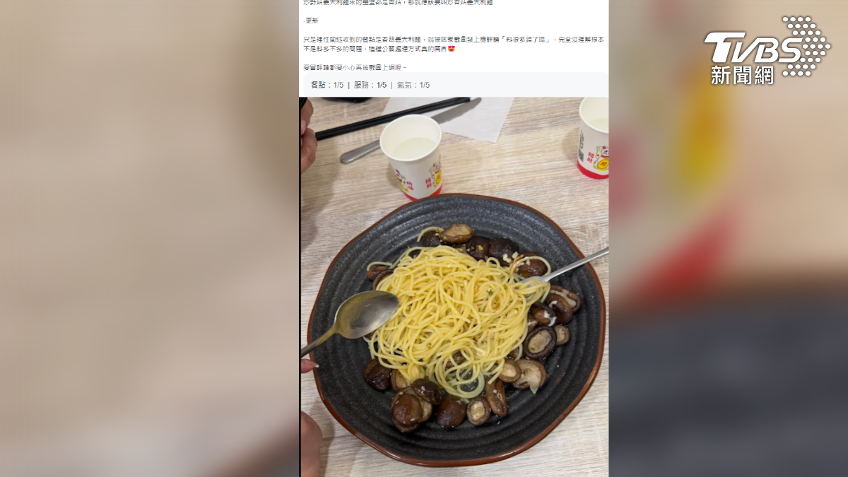 台南一間義式餐廳近日引發消費爭議,民眾點了一盤野菇義大利麵,結果端上桌的不是多種菇類,而是整盤清一色的鮮香菇,讓消費者氣得在網路上留下負評(圖/翻攝 Googie)