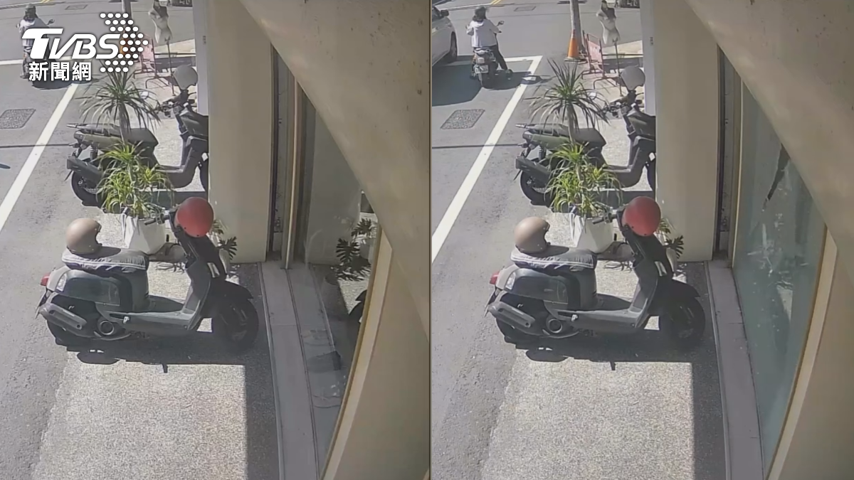 屏東潮州一間服飾店28日下午落地窗突然無預警爆裂，發出巨大聲響。（圖／TVBS）
