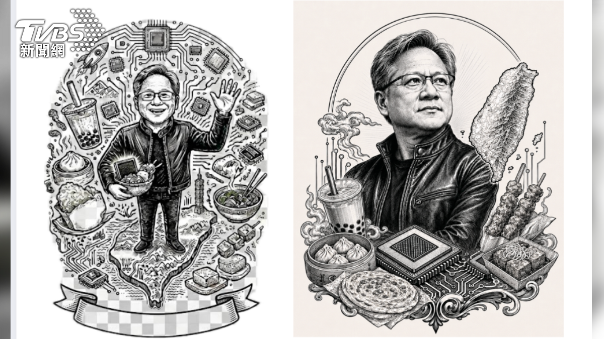 透過AI工具Gemini與ChatGPT輔助設計，將黃仁勳形象與台灣夜市小吃完美結合 ，圖為兩種AI第一版設計。（圖／TVBS、Gemini)