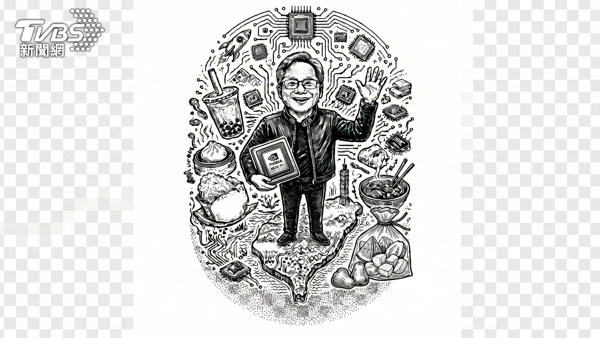 酒瓶雕刻秀出黃仁勳手拿輝達AI晶片，站在台灣的土地上，周邊有AI晶片意象，再配上珍奶、小籠包、雞排、牛肉麵和一袋水果。（圖／TVBS、Gemini)