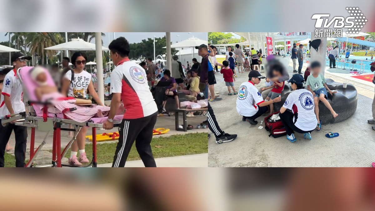 高雄亞灣區星光水岸公園經重新整修後，於30日正式啟用，首日即湧入上萬名遊客到場戲水，因場地部分區域濕滑，加上人潮眾多造成推擠，導致超過50名遊客受傷湧入急救站（圖／TVBS）