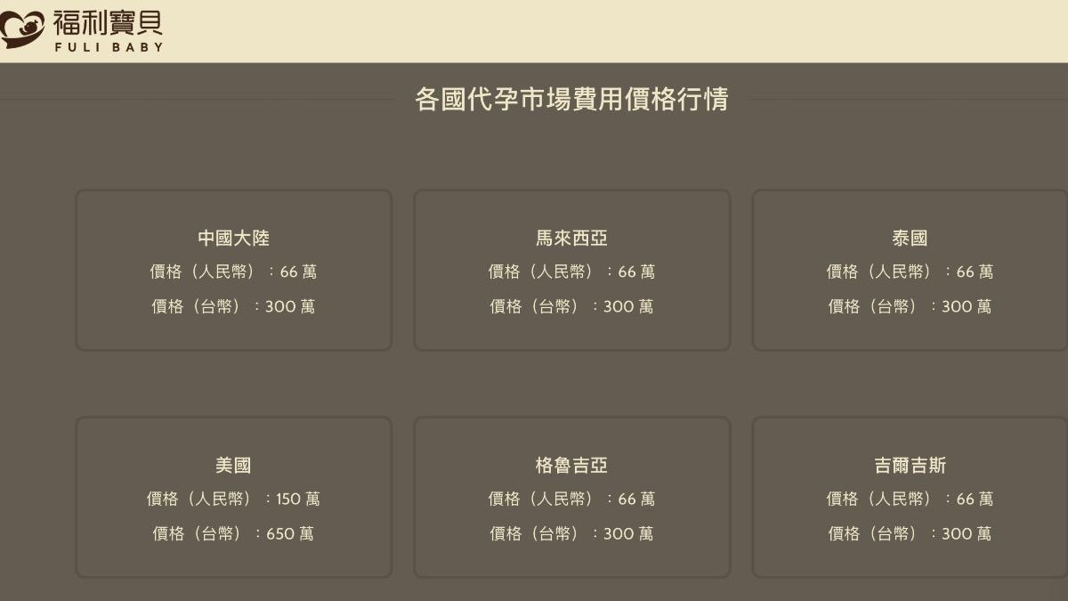 林嘉珍開設的生殖公司官網上標記各國代孕價格。(圖/擷取自「福利寶貝」官網)