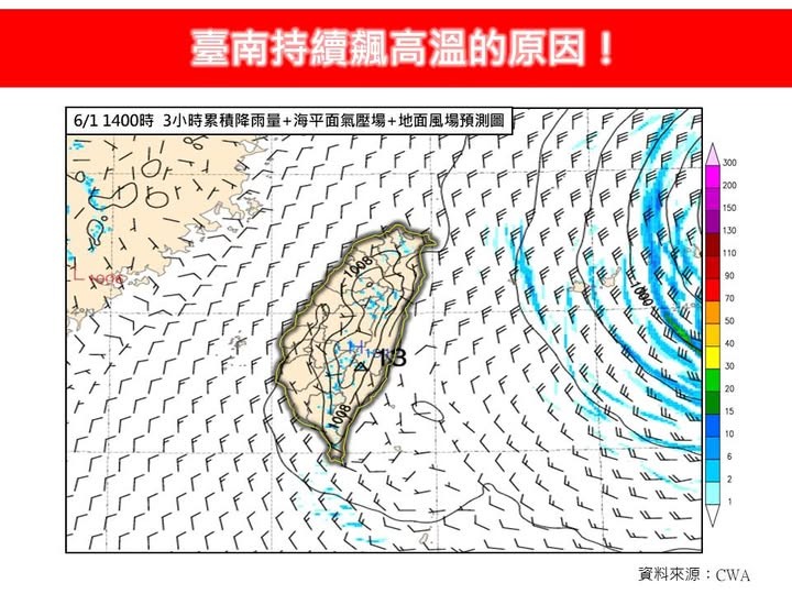林得恩盤點出台南連日飆高溫的可能原因。(圖/翻攝自「林老師氣象站」臉書)