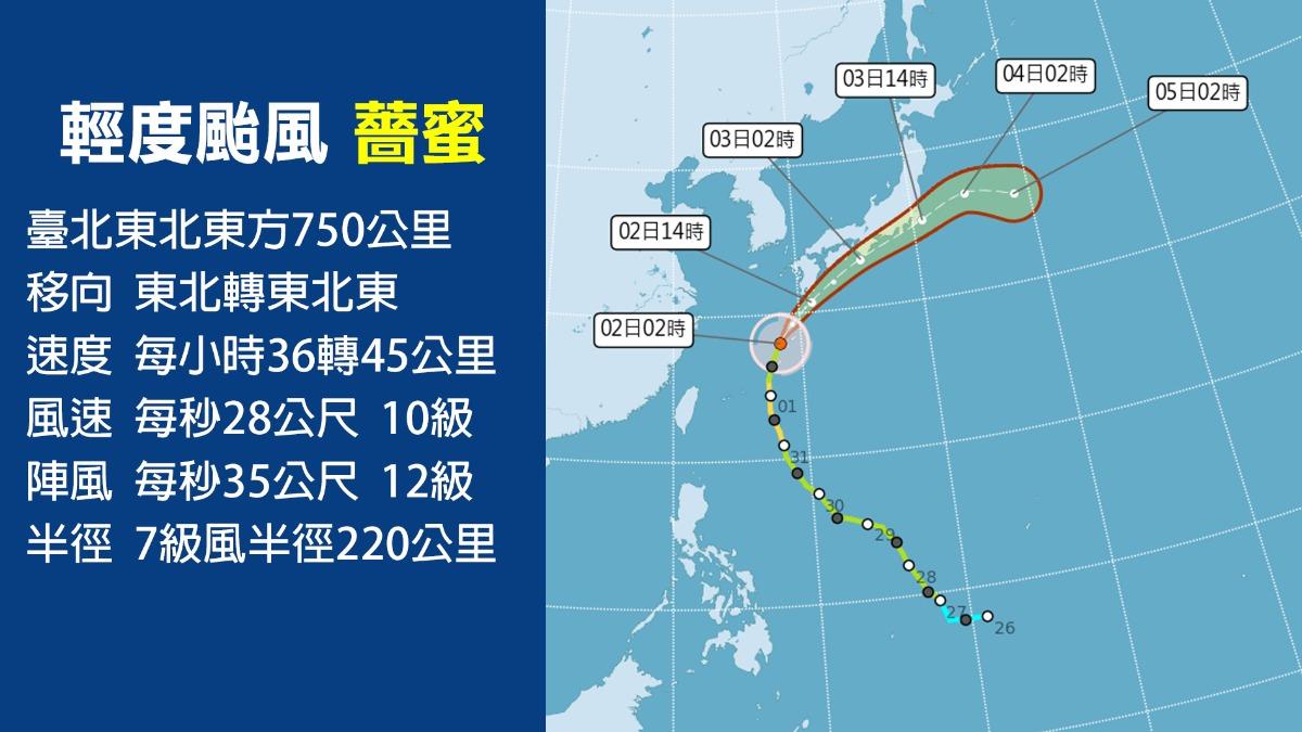 薔蜜已減弱為輕度颱風,今、明兩天將侵襲日本九州、四國及本州南部。(圖/中央氣象署)