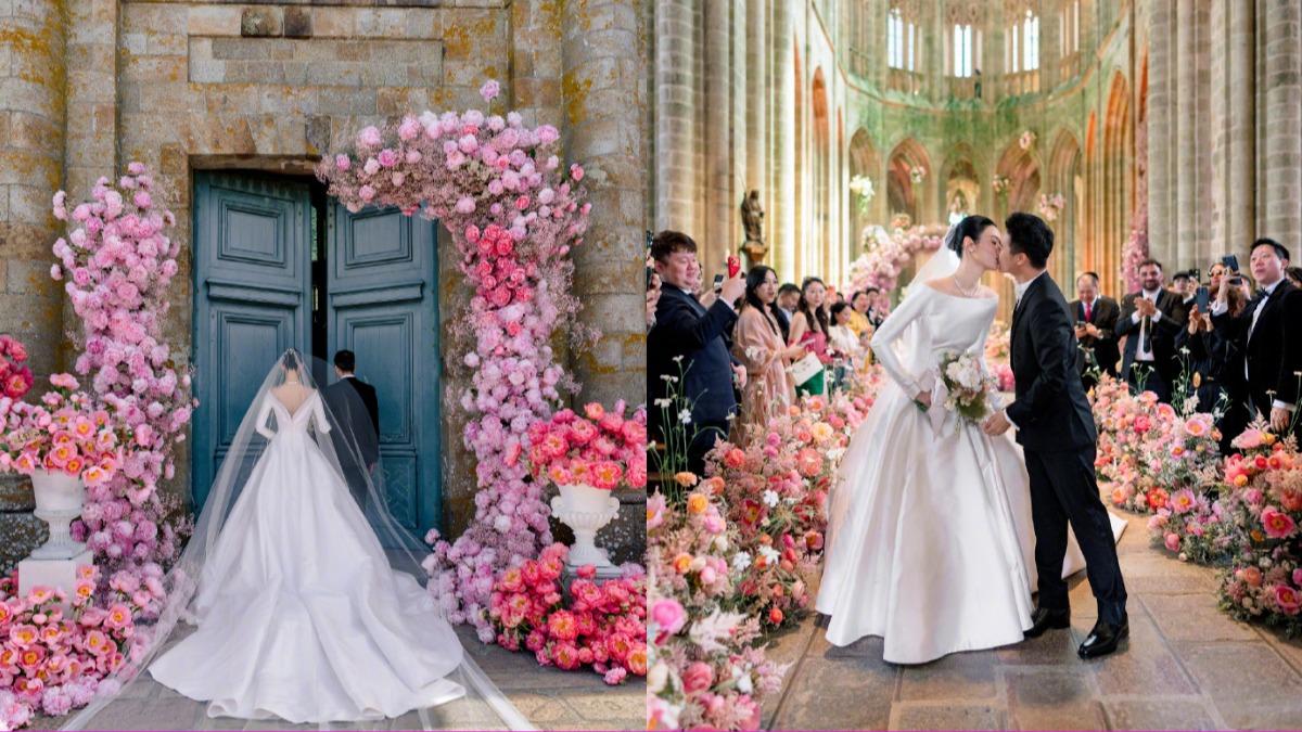 婚禮現場以大量粉色鬱金香、玫瑰點綴。(圖/翻攝自微博)