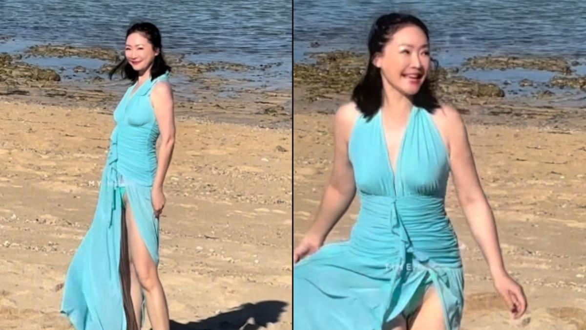 王俐人開高衩「風一吹看光」!沙灘拍片私密露出 50歲獻第一次
