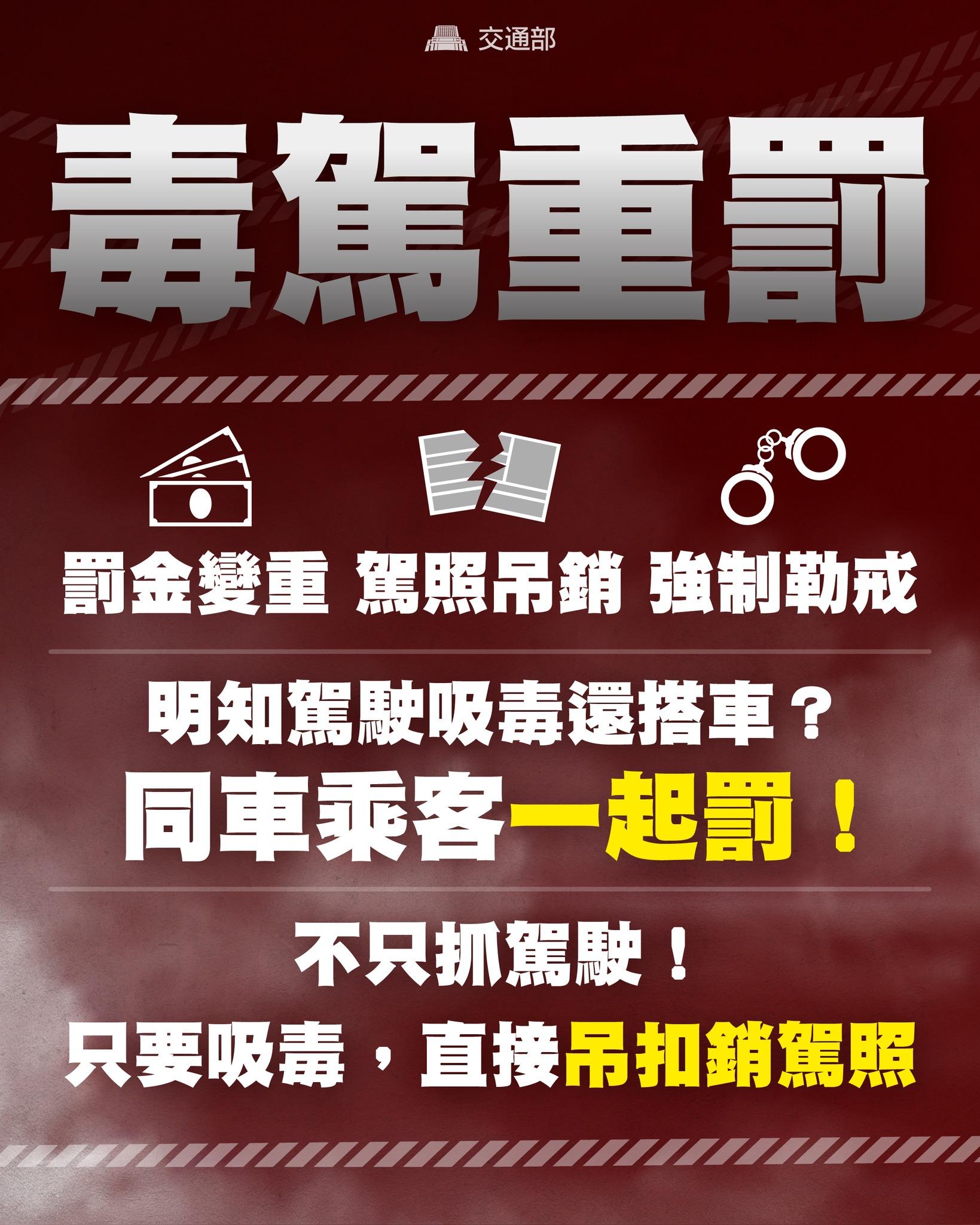 交通部擬修法大幅加嚴毒駕管制。(圖/翻攝自交通部 FB)