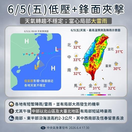 週五天氣轉趨不穩定，各地慎防雷雨。（圖／TVBS）
