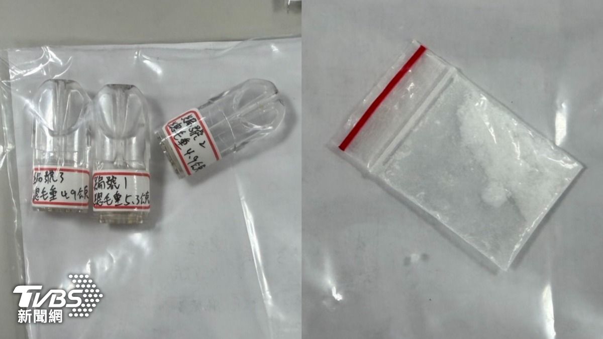 警方在車內查獲依託咪酯煙彈3顆、K盤1個及K他命1包等相關毒品。(圖/TVBS)
