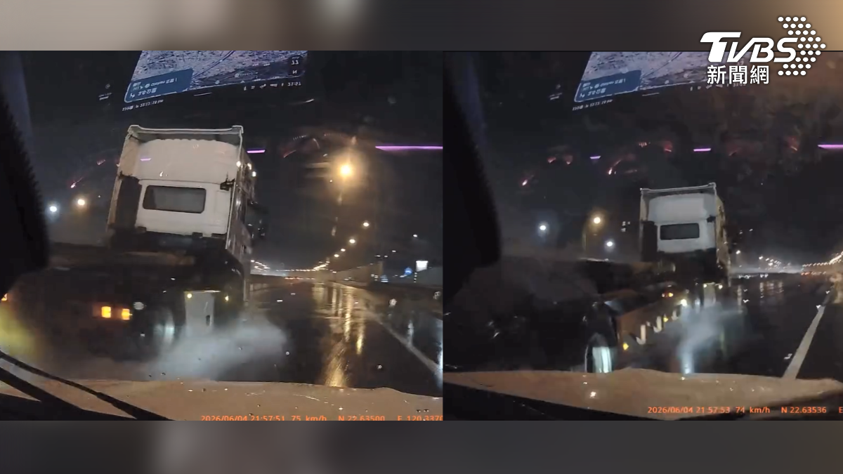 國道一號北上建國九如路段，一輛聯結車疑似因天雨路滑打滑失控，偏移撞上外側車道的轎車，而聯結車駕駛竟在肇事後逕自駛離，已涉嫌肇事逃逸（圖／民眾提供）