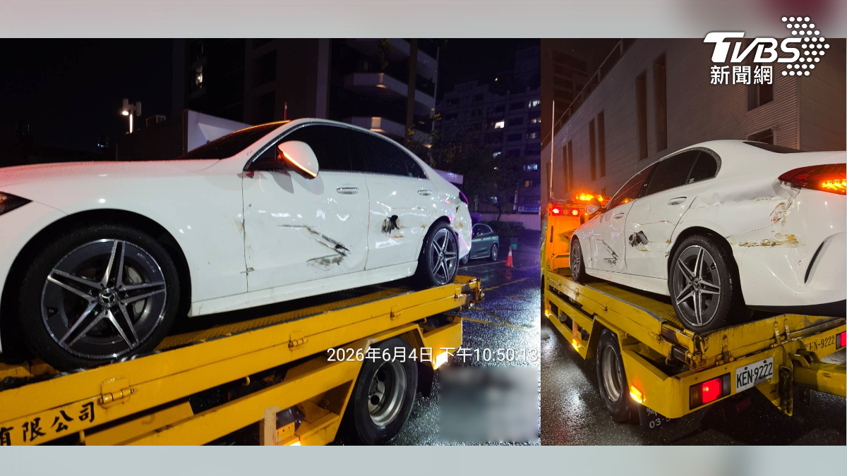 高雄當天整日雨勢不斷，疑似因天雨路滑而釀禍，這輛百萬轎車的車損維修費用恐怕高達數十萬元，所幸並非整輛大車直接撞過來，女車主並未受傷，否則後果不堪設想。（圖／TVBS）