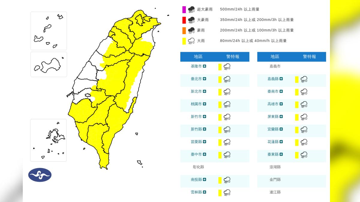 快訊/國家警報響!17縣市大雨特報 大雷雨狂轟北北桃