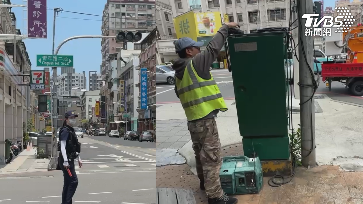 停電導致路口號誌停擺,員警立即出動進行交通指揮,交通局也緊急派出發電機供號誌使用(圖/TVBS)